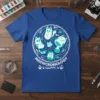 Meowcrobiology t-shirt design featuring cute cats and microbiology elements in a circular pattern