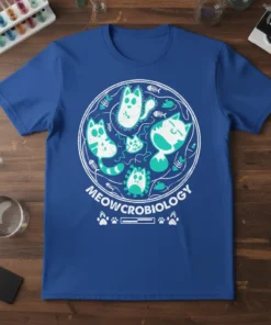 Meowcrobiology t-shirt design featuring cute cats and microbiology elements in a circular pattern