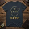 Meowdy cowboy cat graphic t-shirt with black cat wearing a cowboy hat and the text "MEOWDY"