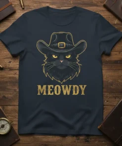 Meowdy cowboy cat graphic t-shirt with black cat wearing a cowboy hat and the text "MEOWDY"