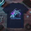 Meowdy Partner text with a retro cat graphic on a navy t-shirt
