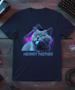 Meowdy Partner text with a retro cat graphic on a navy t-shirt