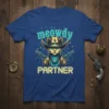 Meowdy Partner cowboy cat wearing a hat and holding guns, text graphic on a blue t-shirt