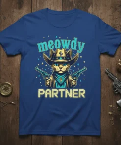 Meowdy Partner cowboy cat wearing a hat and holding guns, text graphic on a blue t-shirt