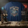 Meowdy Partner t-shirt design featuring a cybernetic cowboy skull wearing a hat and bandana, with circuit board graphics