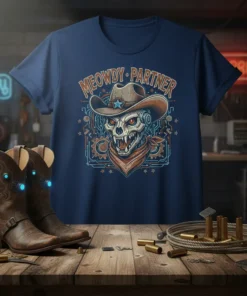 Meowdy Partner t-shirt design featuring a cybernetic cowboy skull wearing a hat and bandana, with circuit board graphics