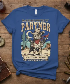 Meowdy Partner Whiskers in the Wind cowboy cat t-shirt design with guns and western landscape