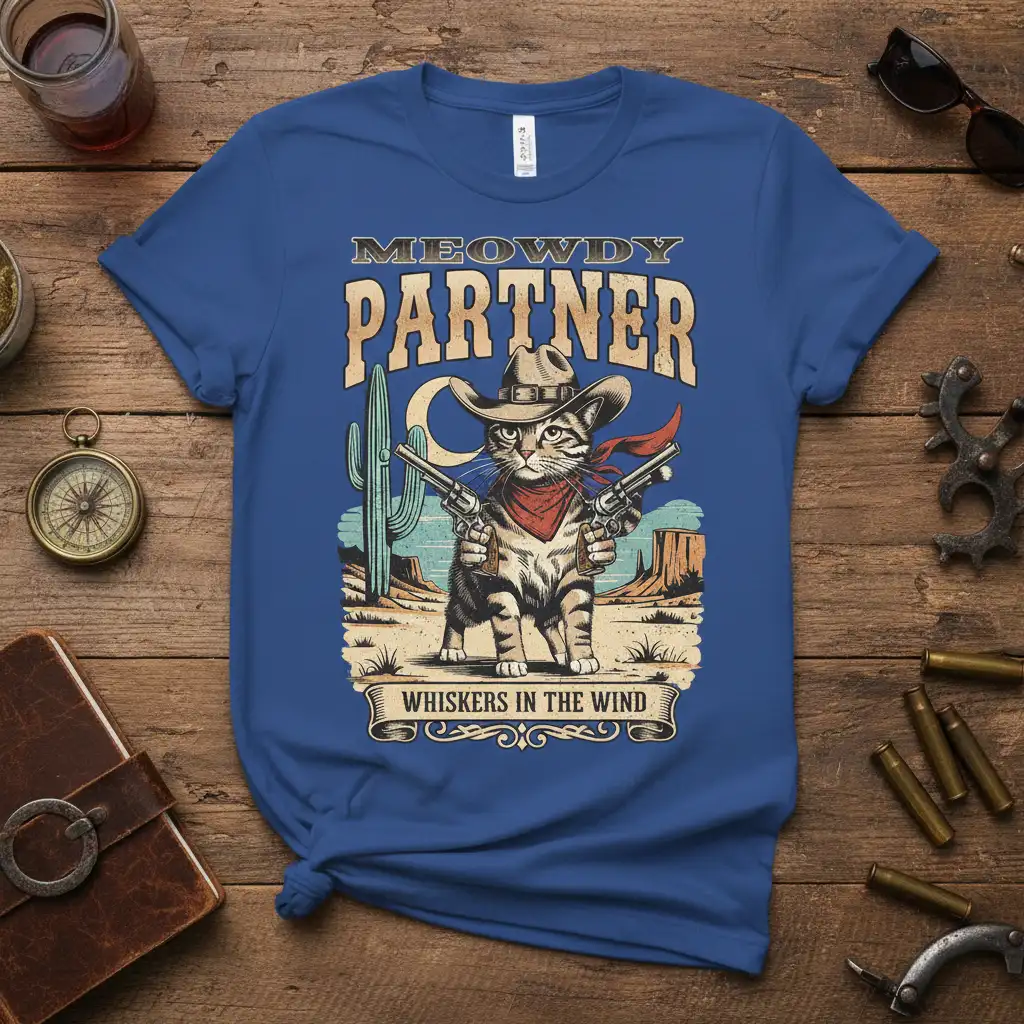Meowdy Partner Whiskers in the Wind cowboy cat design with guns and western desert scene