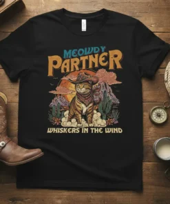 Meowdy Partner Whiskers in the Wind t-shirt design with a cowboy cat graphic