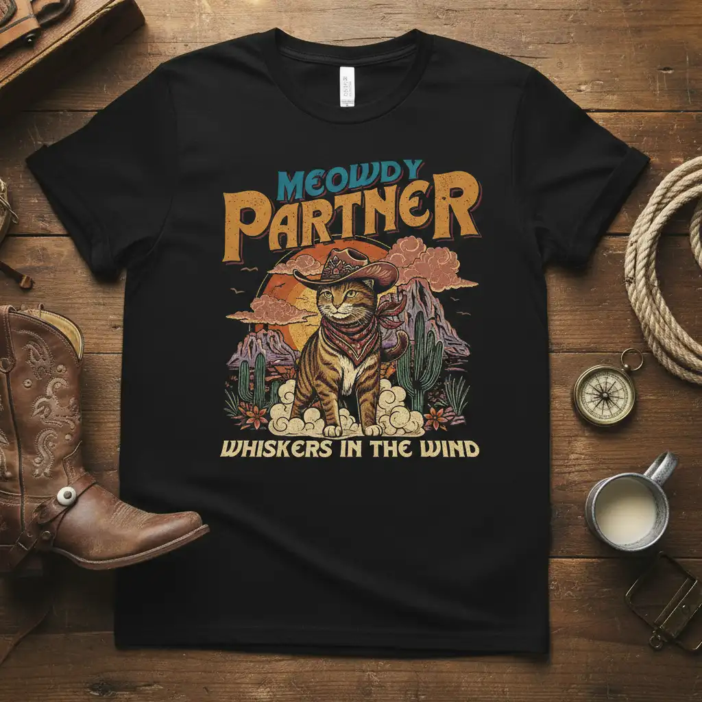 Meowdy Partner Whiskers in the Wind design featuring a cowboy cat in a desert landscape