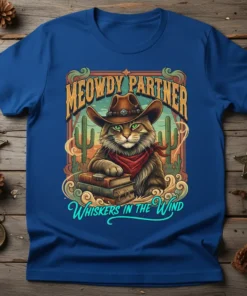 Meowdy Partner Whiskers In The Wind text with a cowboy cat on a blue t-shirt, featuring books and desert scenery