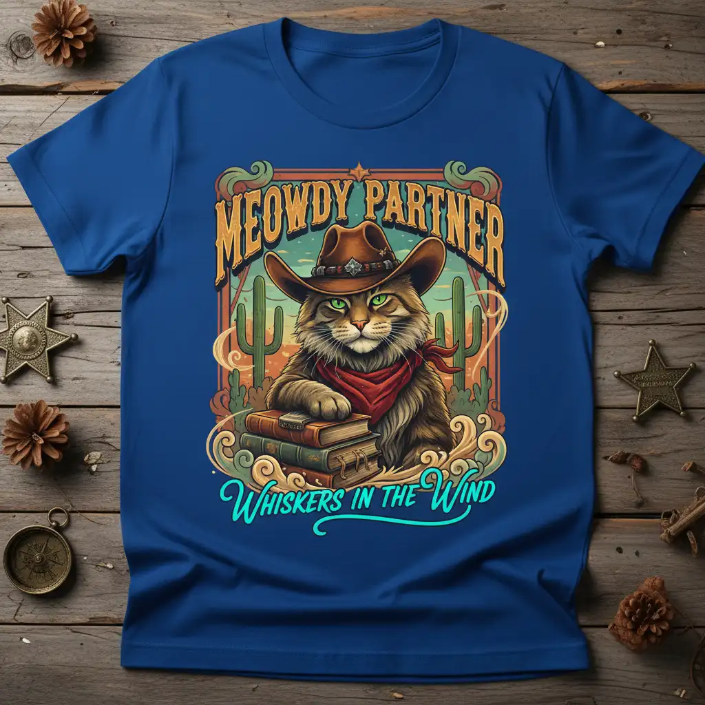 Meowdy Partner Whiskers In The Wind cowboy cat t-shirt design with books and desert theme