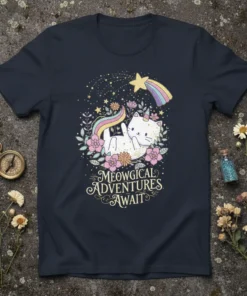 Meowgical Adventures Await text on a navy t-shirt with a cute white cat wearing a unicorn horn and rainbow tail