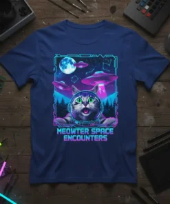Meowter Space Encounters T-Shirt design with a cat in a space helmet, UFOs, and a moon graphic