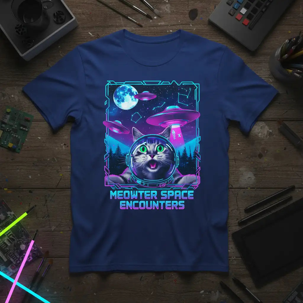 Meowter Space Encounters cat astronaut design with UFOs and moon, featuring retro neon colors