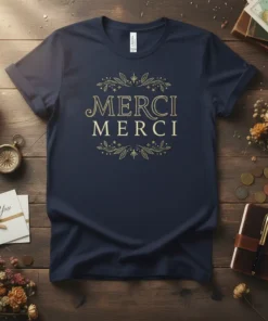Navy t-shirt with gold "Merci Merci" text in elegant font, surrounded by decorative floral accents