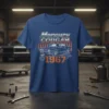 Mercury Cougar 1967 classic car design featuring vintage American flag and gear accents on a blue t-shirt