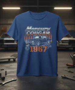 Mercury Cougar 1967 classic car design featuring vintage American flag and gear accents on a blue t-shirt