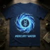 Navy blue t-shirt featuring the Mercury symbol within a dynamic blue water swirl, with "MERCURY WATER" text below