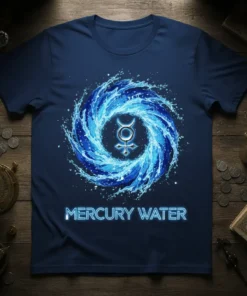 Navy blue t-shirt featuring the Mercury symbol within a dynamic blue water swirl, with "MERCURY WATER" text below