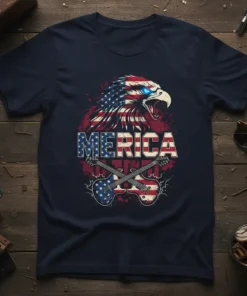 Merica Freedom t-shirt design with an American flag eagle and crossed guitars, patriotic theme