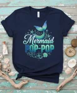 Navy blue t-shirt with "Mermaid POP-POP" text in blue and green gradient, featuring a mermaid tail graphic and nautical elements