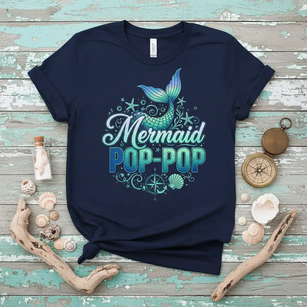 Mermaid POP-POP t-shirt design with a colorful mermaid tail and nautical accents