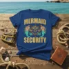Mermaid Security t-shirt design with two mermen holding a ship's wheel, gold text