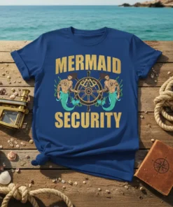 Mermaid Security t-shirt design with two mermen holding a ship's wheel, gold text