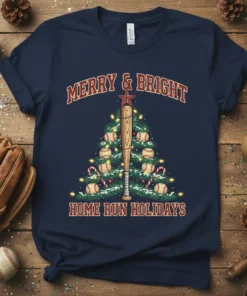 Merry & Bright Home Run Holidays baseball Christmas tree t-shirt design with baseballs and candy canes