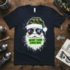 Merry Camo Christmas Santa Claus design with camouflage hat and aviator sunglasses on a navy t-shirt