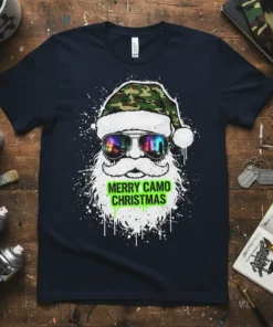 Merry Camo Christmas Santa Claus design with camouflage hat and aviator sunglasses on a navy t-shirt