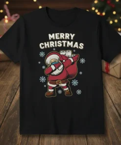 Merry Christmas t-shirt with a dabbing Santa Claus wearing a mask and carrying a sack of toilet paper, surrounded by