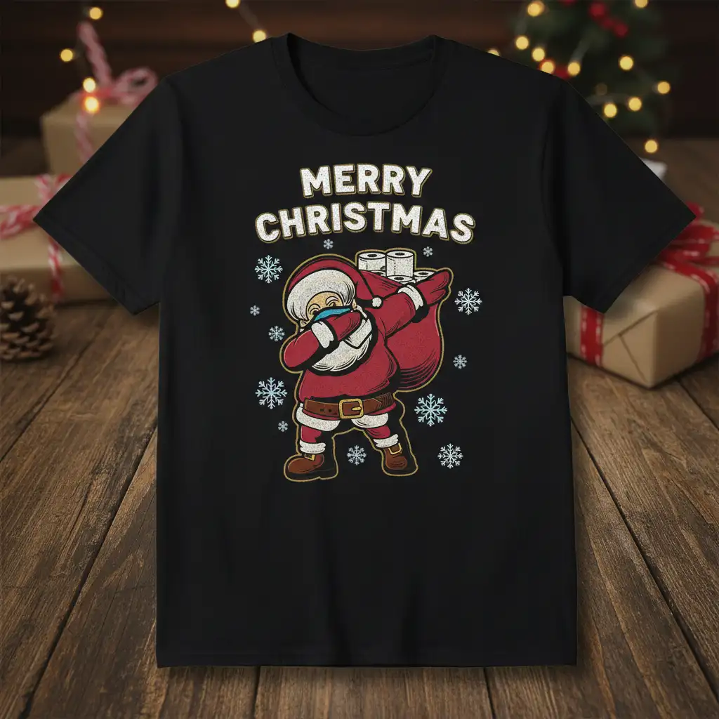 Merry Christmas text above a dabbing Santa Claus graphic with toilet paper rolls and snowflakes