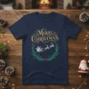 Merry Christmas t-shirt design with Santa in a sleigh pulled by reindeer, surrounded by a festive green wreath and gold
