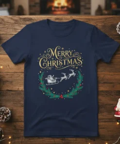 Merry Christmas t-shirt design with Santa in a sleigh pulled by reindeer, surrounded by a festive green wreath and gold