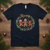 Merry Christmas Gingerbread Friends T-Shirt design with text and cute gingerbread characters and reindeer in a festive wreath