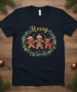 Merry Christmas Gingerbread Friends T-Shirt design with text and cute gingerbread characters and reindeer in a festive wreath