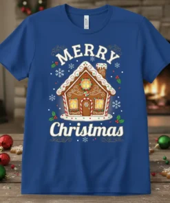 Merry Christmas gingerbread house design with snowflakes and holly on a blue t-shirt