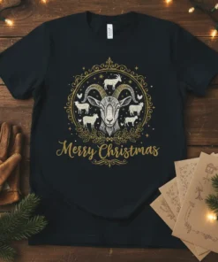 Merry Christmas text with a goat and surrounding farm animals graphic on a black t-shirt
