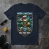 MERRY CHRISTMAS HO HO HO! text with a cool, modern Santa Claus graphic on a navy t-shirt