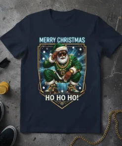 MERRY CHRISTMAS HO HO HO! text with a cool, modern Santa Claus graphic on a navy t-shirt