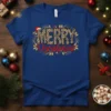 Merry Christmas text with leopard print and festive gold holly wreath on a royal blue t-shirt