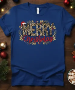 Merry Christmas text with leopard print and festive gold holly wreath on a royal blue t-shirt