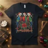 Three colorful macaws wearing Santa hats sit on a perch with a poinsettia and snowflakes, text reads "Merry Christmas" on