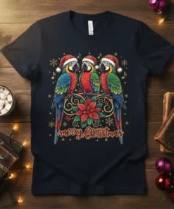 Three colorful macaws wearing Santa hats sit on a perch with a poinsettia and snowflakes, text reads "Merry Christmas" on