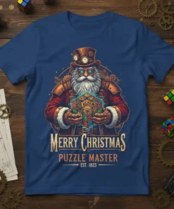Merry Christmas Puzzle Master EST. 1823 Steampunk Santa holding a puzzle cube t-shirt design