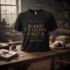 Black t-shirt with "Merry Christmas from Robert Cratchit & Co. Investments GOD BLESS US, EVERY ONE" in red and gold