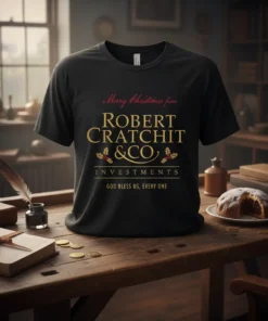 Black t-shirt with "Merry Christmas from Robert Cratchit & Co. Investments GOD BLESS US, EVERY ONE" in red and gold