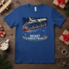 Merry Christmas t-shirt design with Santa's sleigh, reindeer, and an airplane in a snowy sky